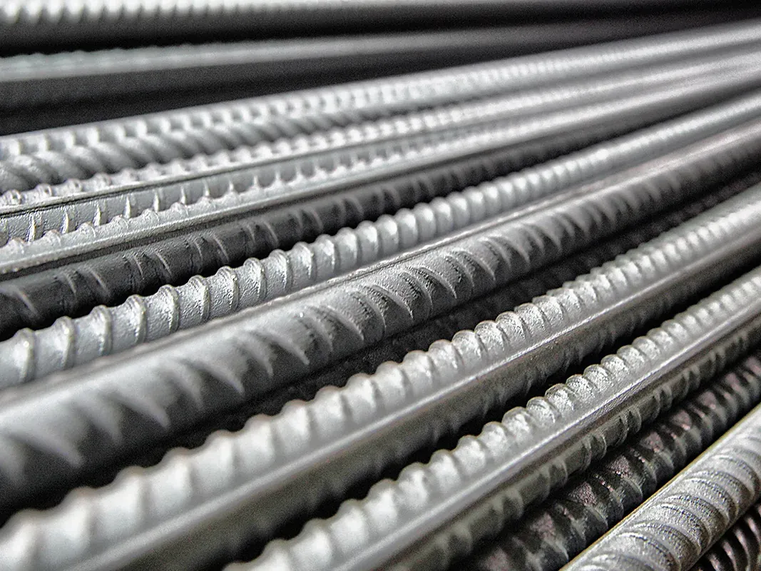 Close-up of ribbed deformed steel bars