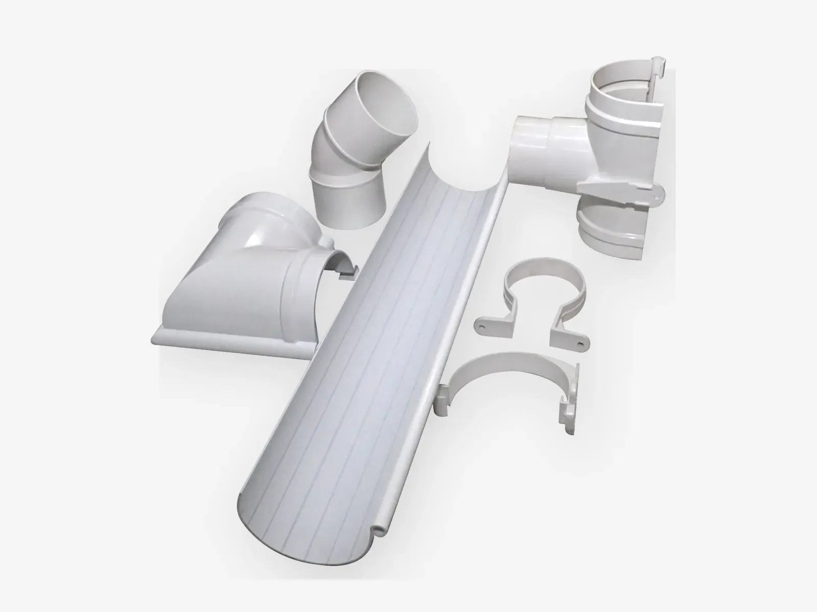 Rain gutter profile with outlet, elbow, bracket and joint fittings